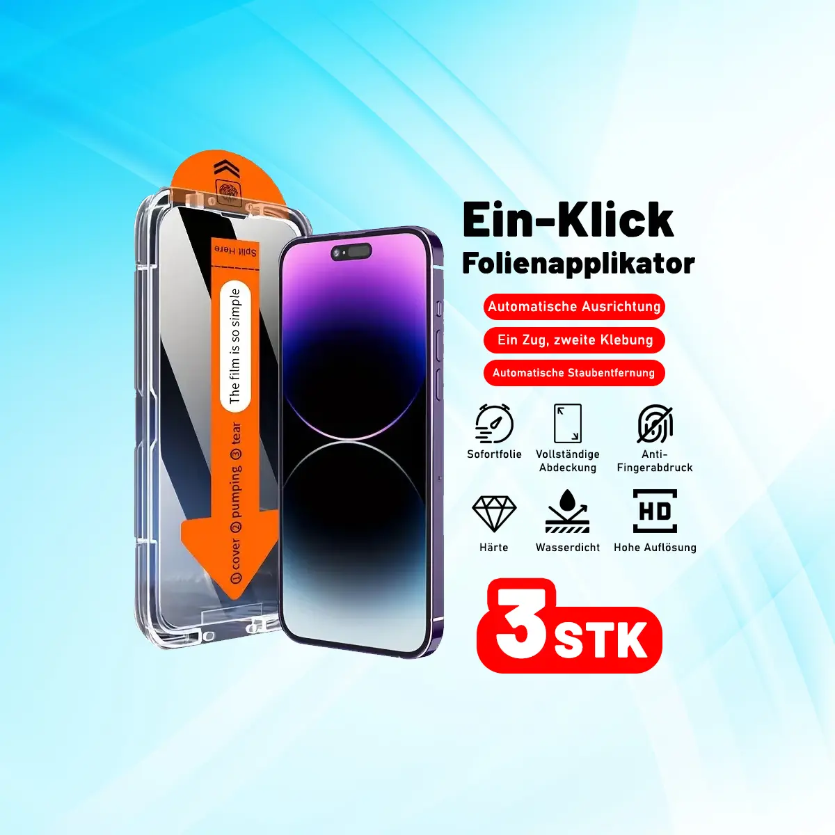 Panzerglas Displayschutz mit Auto-Installation - 3 Stück