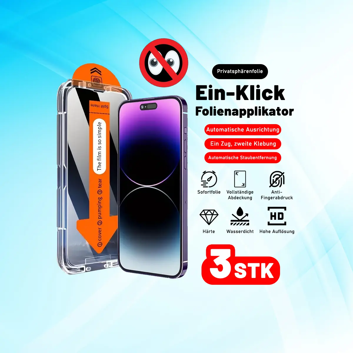 Panzerglas Privatsphärenfolie mit Auto-Installation - 3 Stück